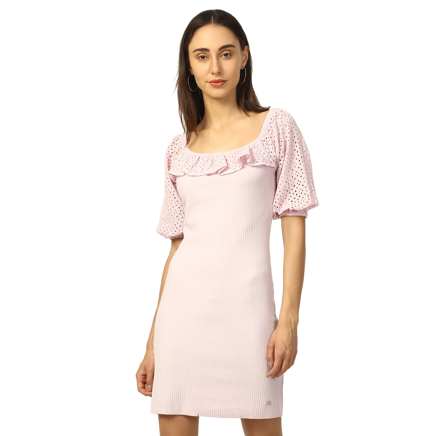 Elle Women Lilac Solid Round Neck Dress