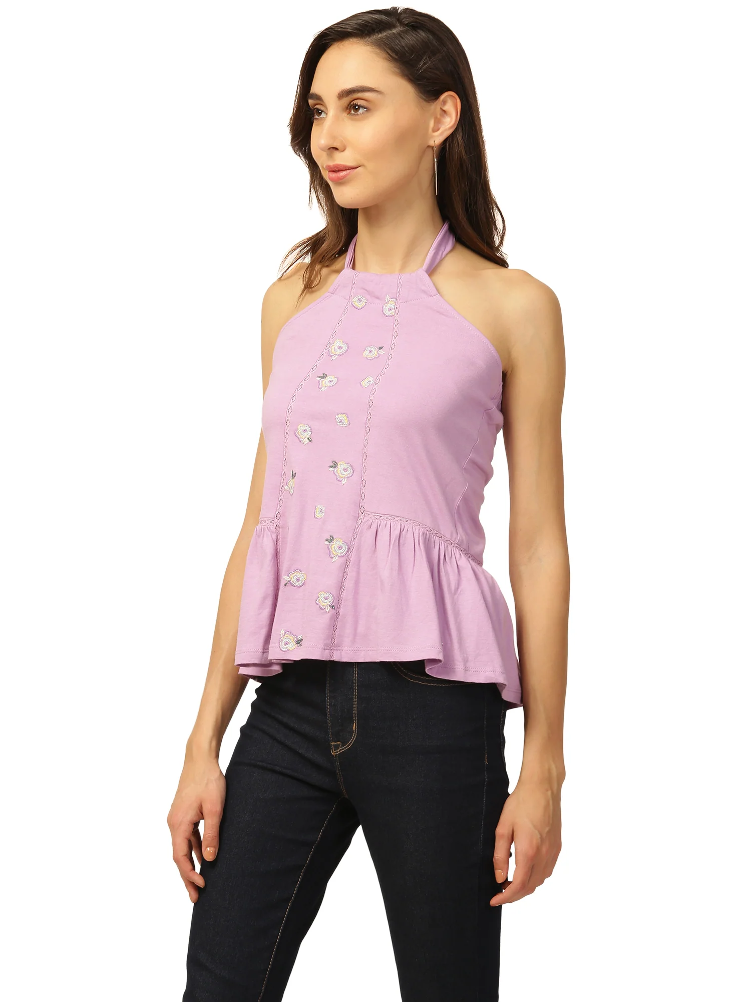 Elle Women Lilac Solid Round Neck TShirt - Image 2