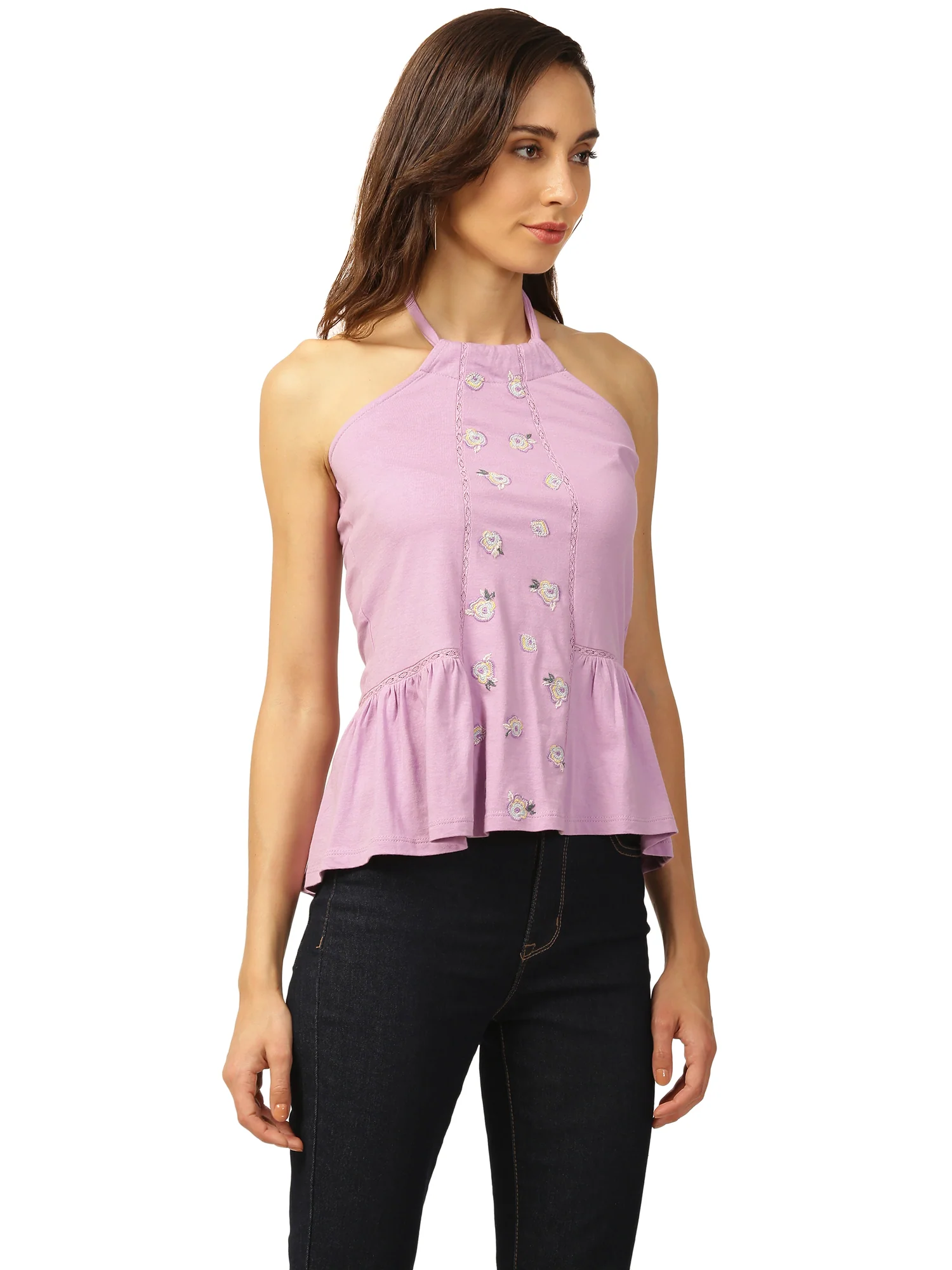 Elle Women Lilac Solid Round Neck TShirt - Image 3