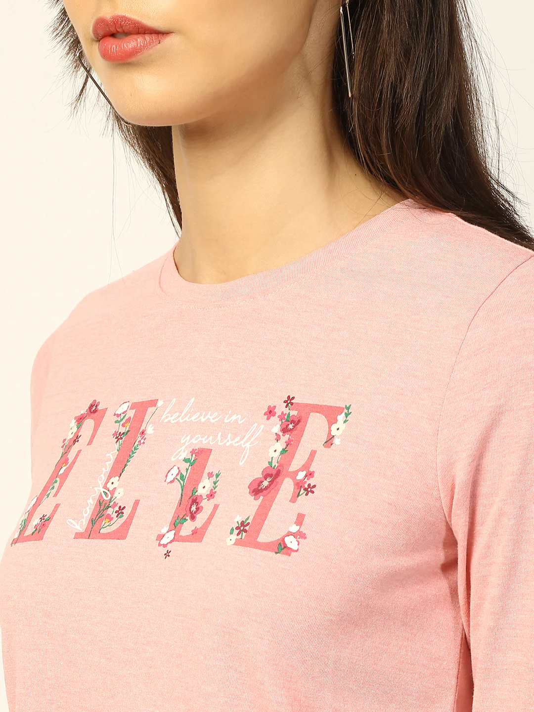 Elle Women Pink Embroidered Round Neck TShirt - Image 3