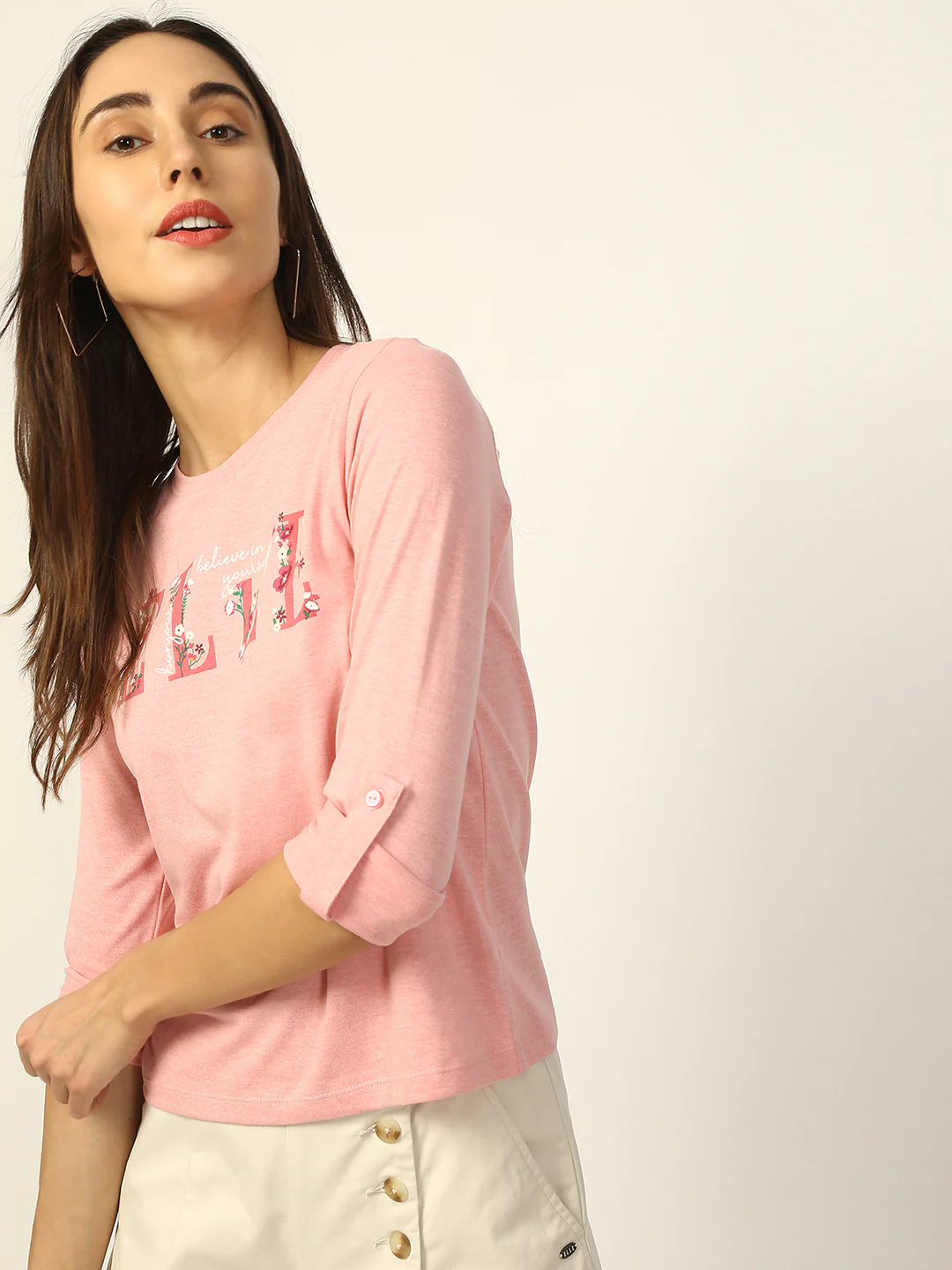 Elle Women Pink Embroidered Round Neck TShirt - Image 5