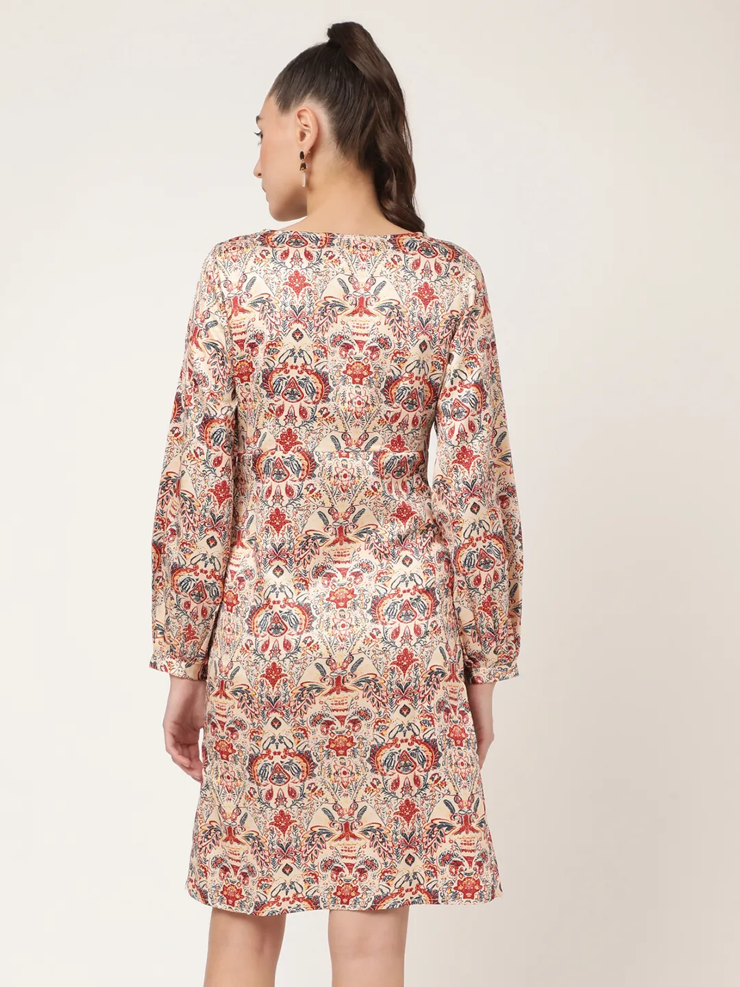 Elle Women Beige Printed Round Neck Dress - Image 2