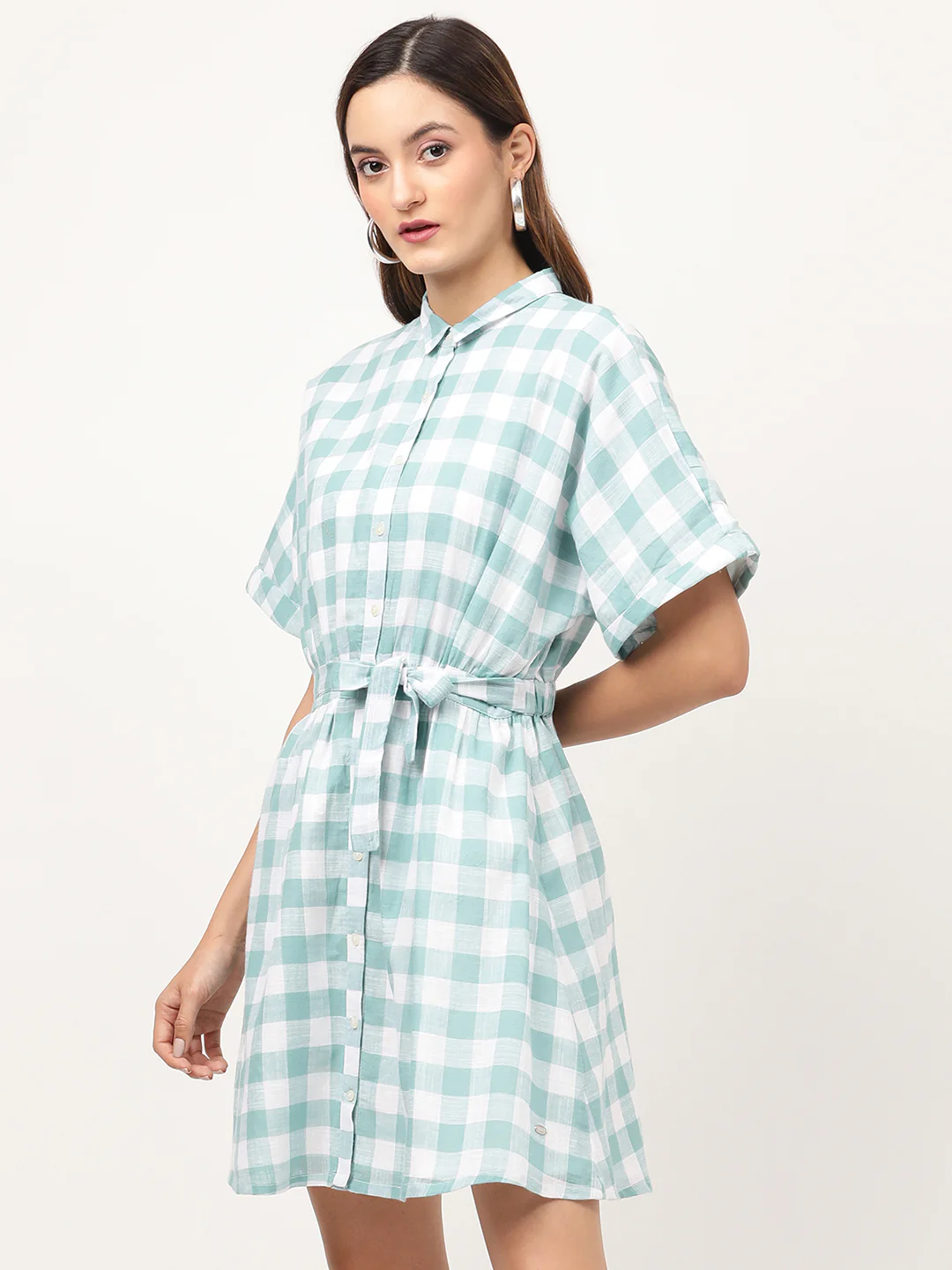 Elle Women Teal Checked Collar Dress - Image 3