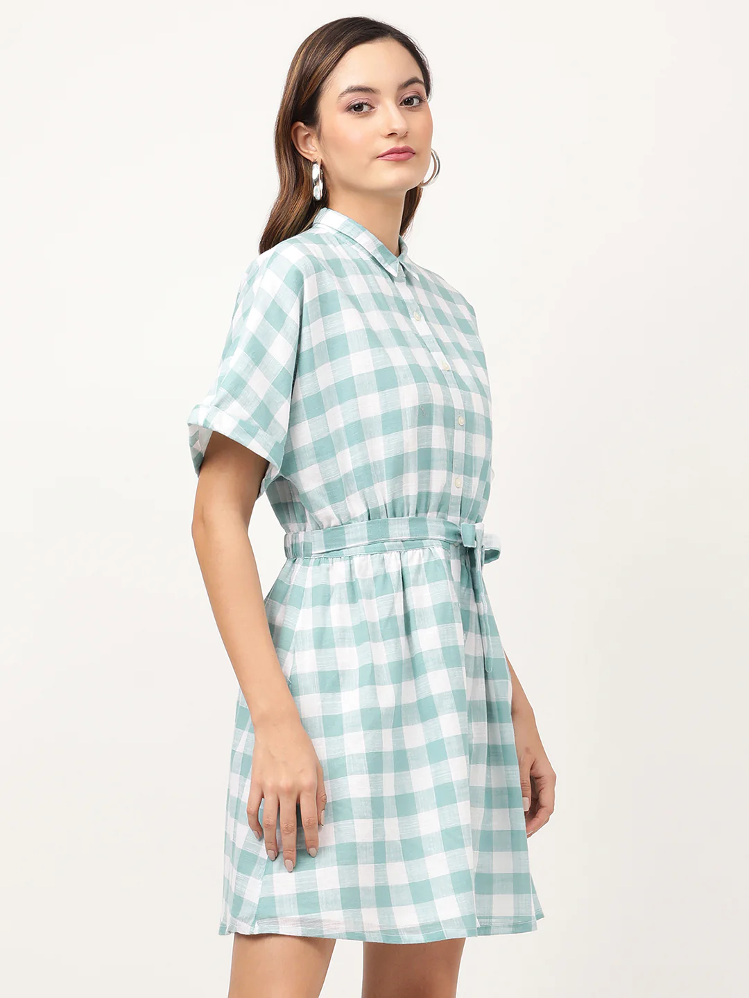 Elle Women Teal Checked Collar Dress - Image 4