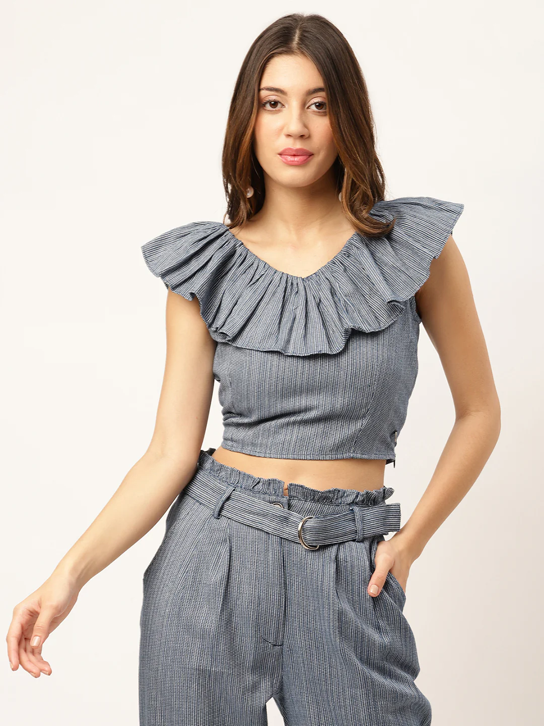 Elle Women Blue Solid V Neck Top