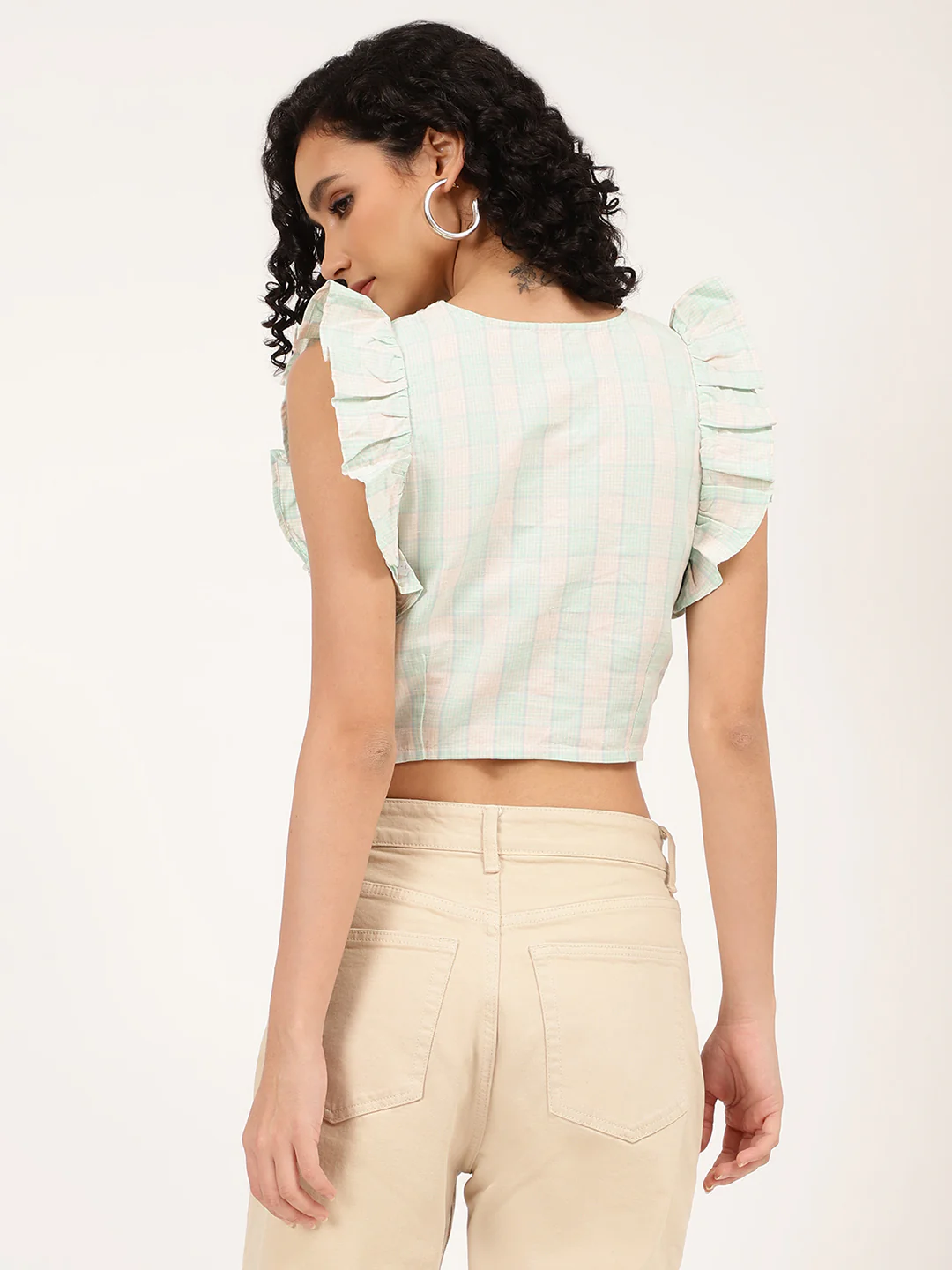 Elle Women White Checked V Neck Top - Image 2