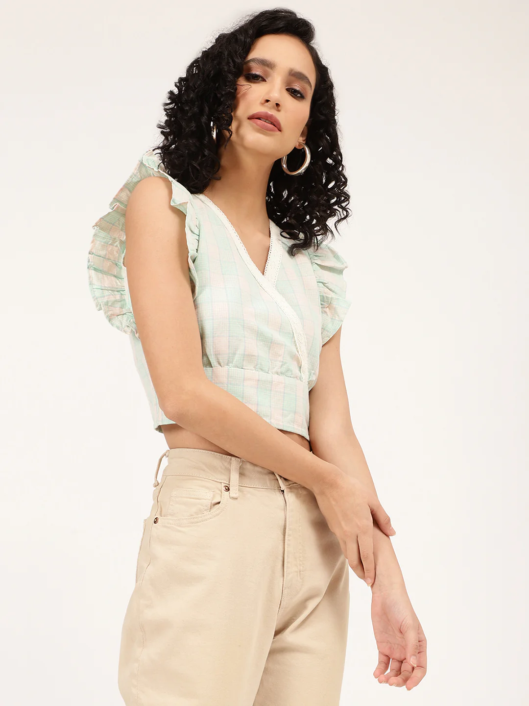 Elle Women White Checked V Neck Top - Image 4