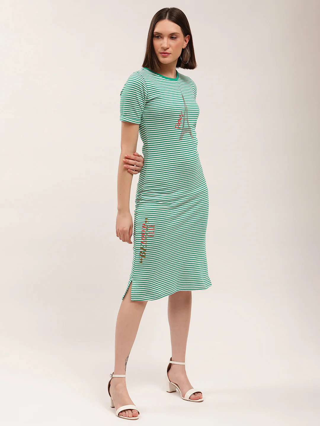 Elle Women Green Striped Round Neck Dress - Image 3
