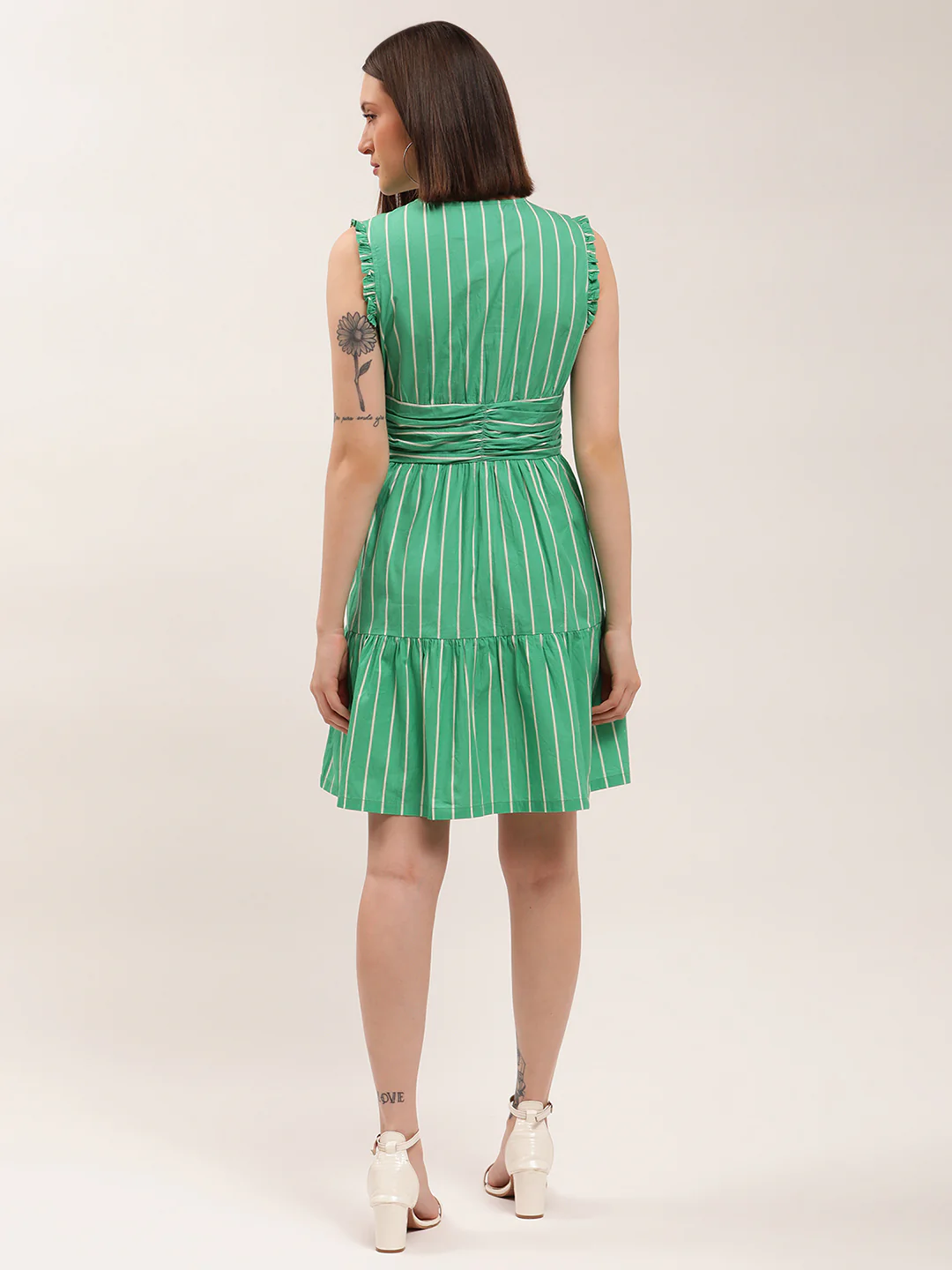 Elle Women Green Striped V Neck Dress - Image 2
