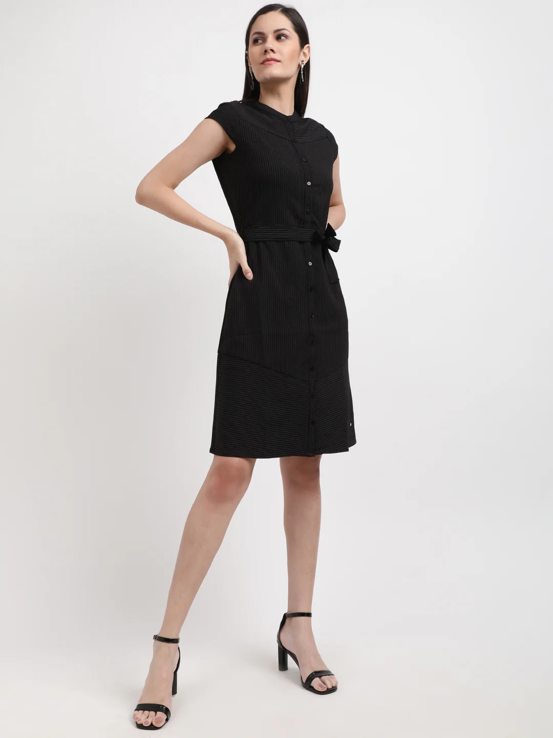Elle Women Black Striped Round Neck Dress - Image 5
