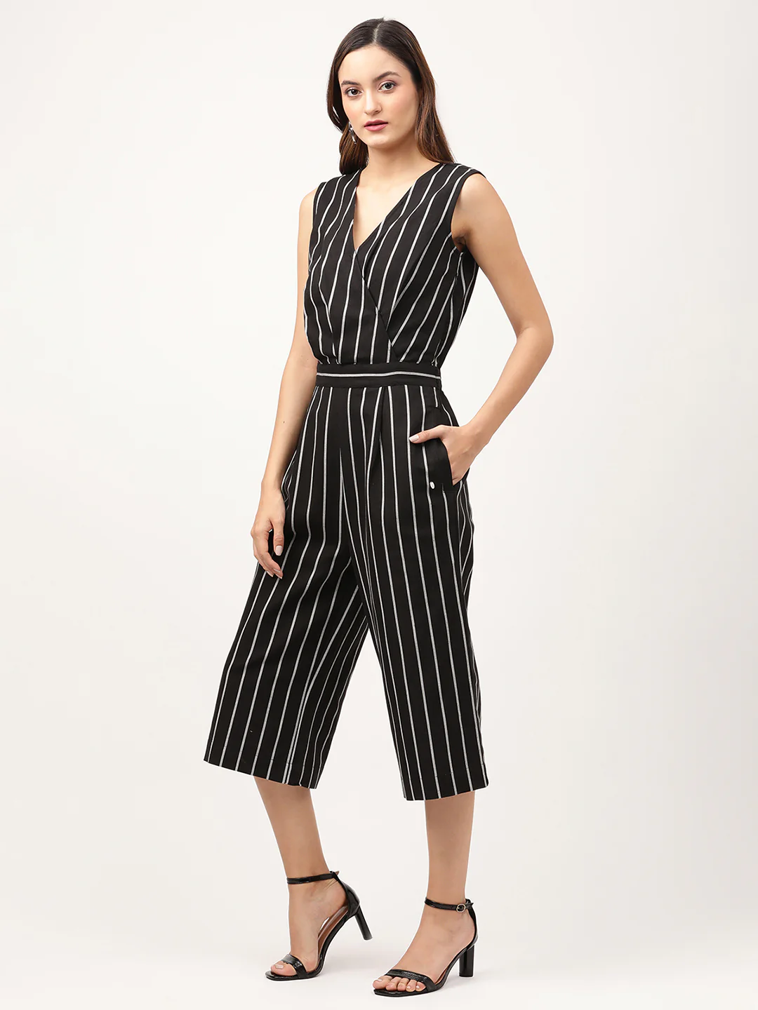 Elle Women Black Striped V Neck Jumpsuit - Image 3