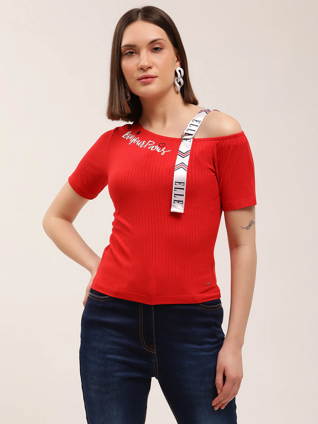 Elle Women Red Solid Assymetrical Neck TShirt - Image 4