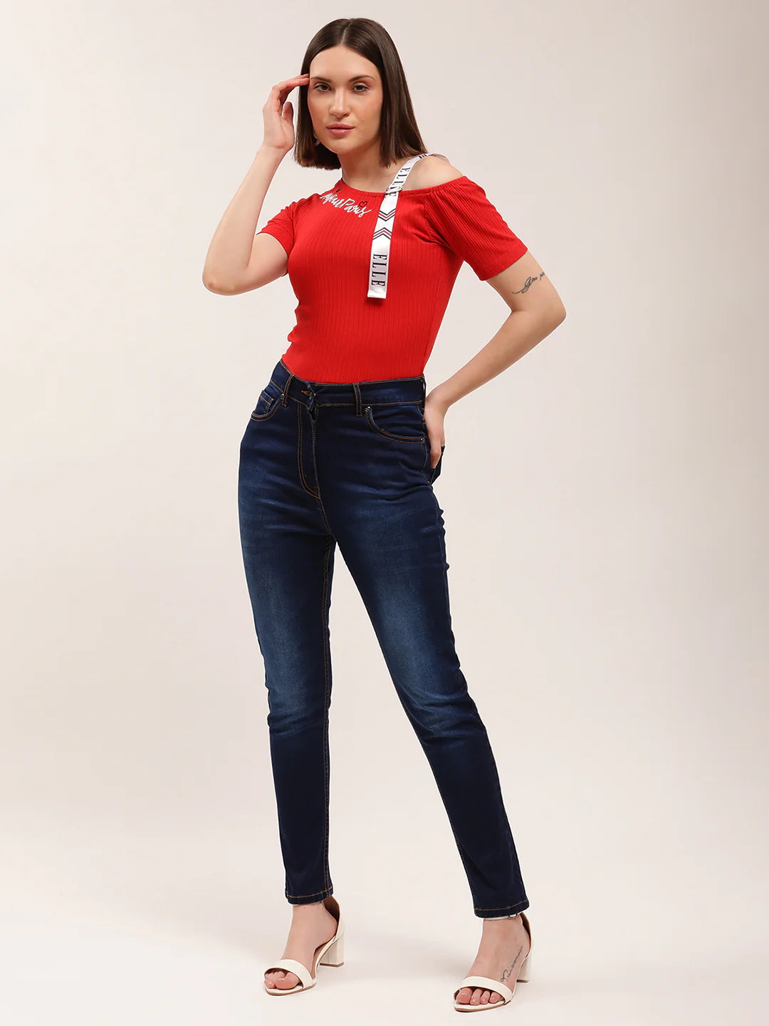 Elle Women Red Solid Assymetrical Neck TShirt - Image 5