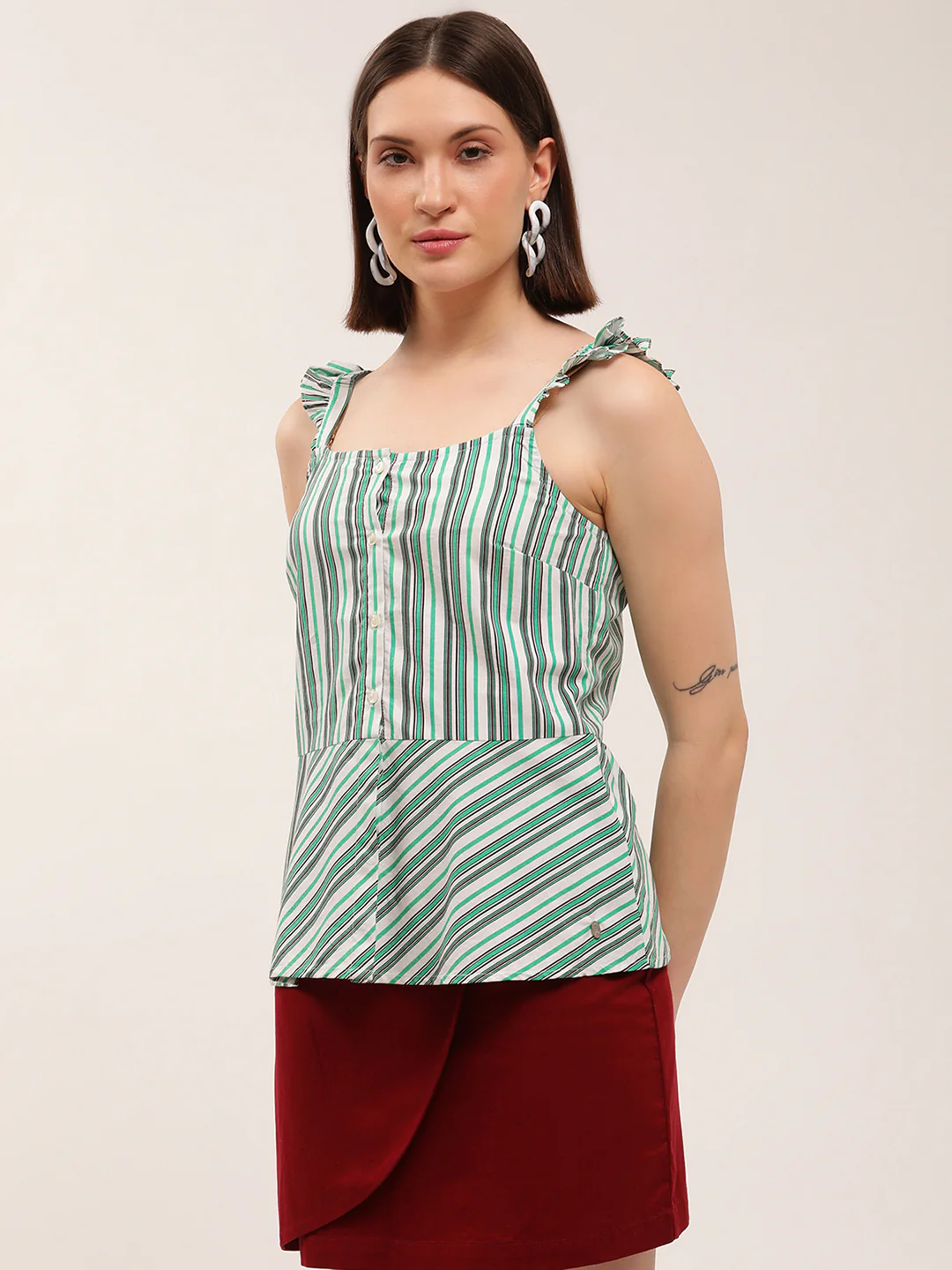 Elle Women Green Striped Square Neck Top - Image 3