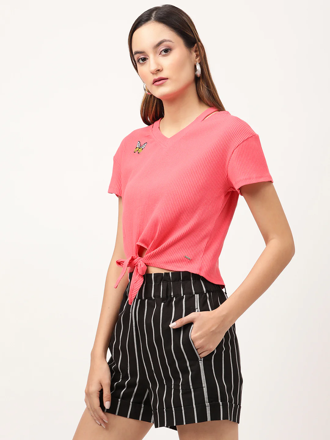 Elle Women Pink Solid V Neck TShirt - Image 3