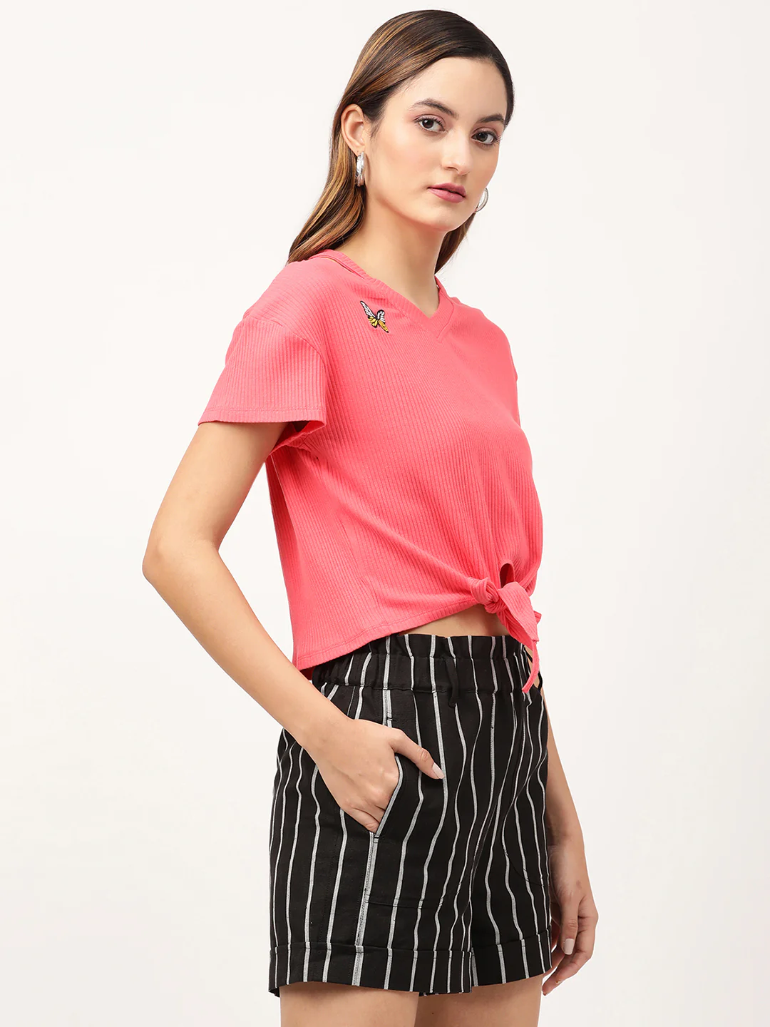 Elle Women Pink Solid V Neck TShirt - Image 4
