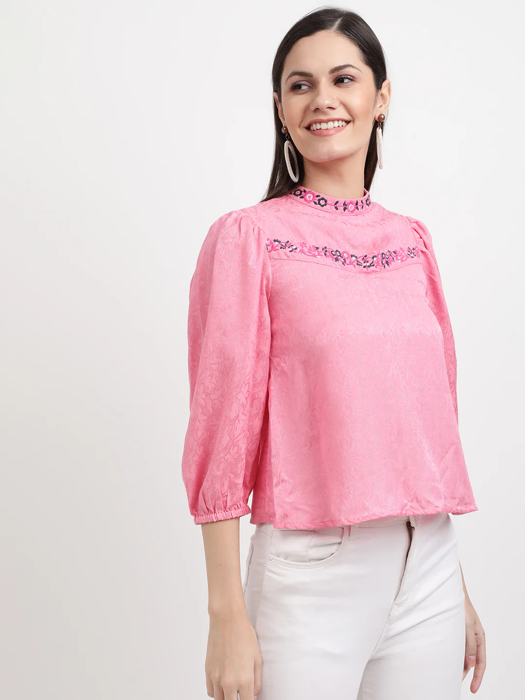 Elle Women Pink Solid Round Neck Top - Image 3