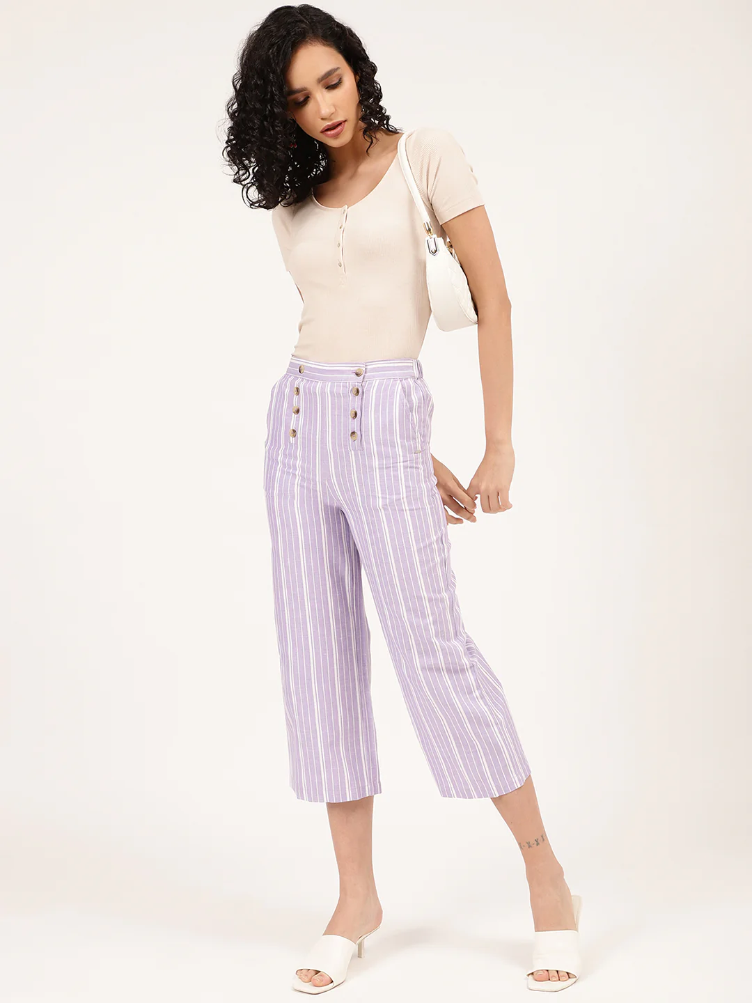 Elle Women Lilac Striped Fit And Flare Trouser - Image 2