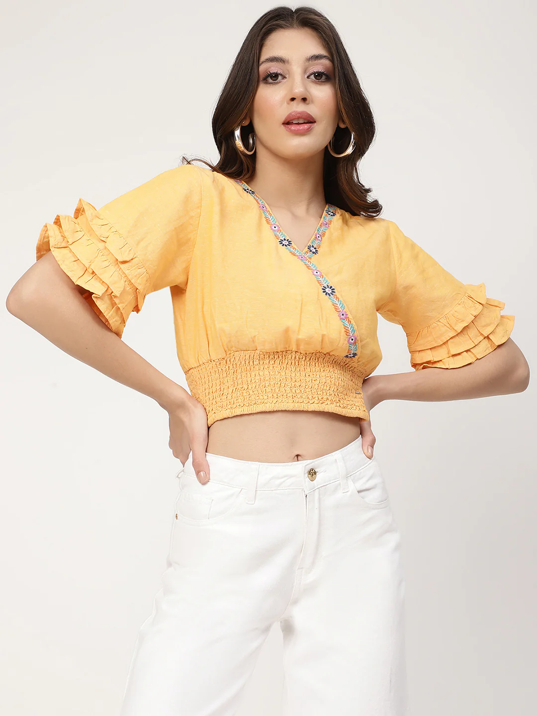 Elle Women Yellow Solid V Neck Top - Image 3