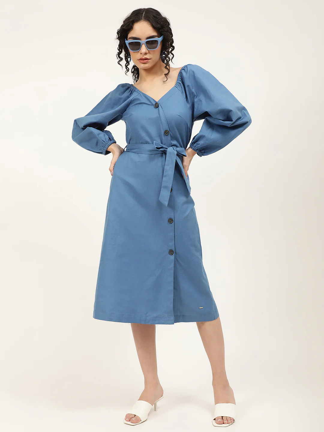 Elle Women Blue Solid Round Neck Dress - Image 4
