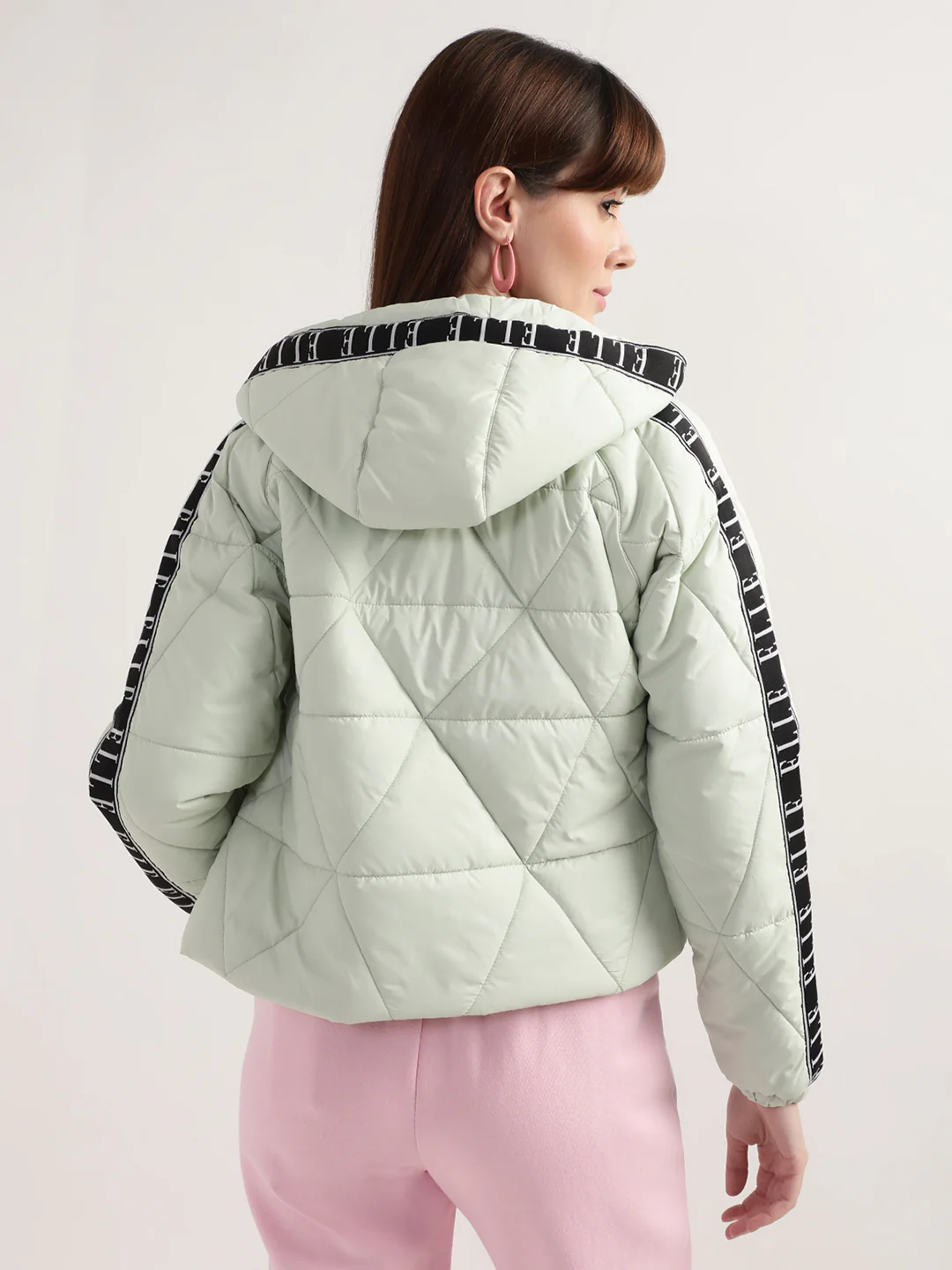 Elle Women Green Solid Hooded Full Sleeves Quilted Jacket - Image 2
