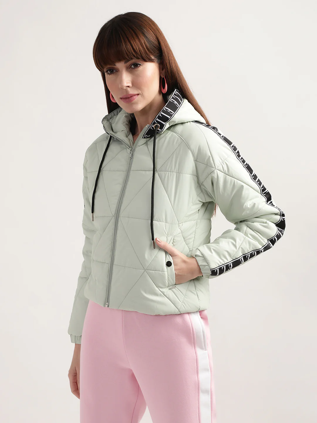 Elle Women Green Solid Hooded Full Sleeves Quilted Jacket - Image 3