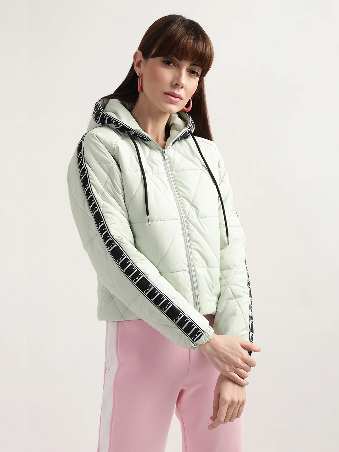 Elle Women Green Solid Hooded Full Sleeves Quilted Jacket - Image 4