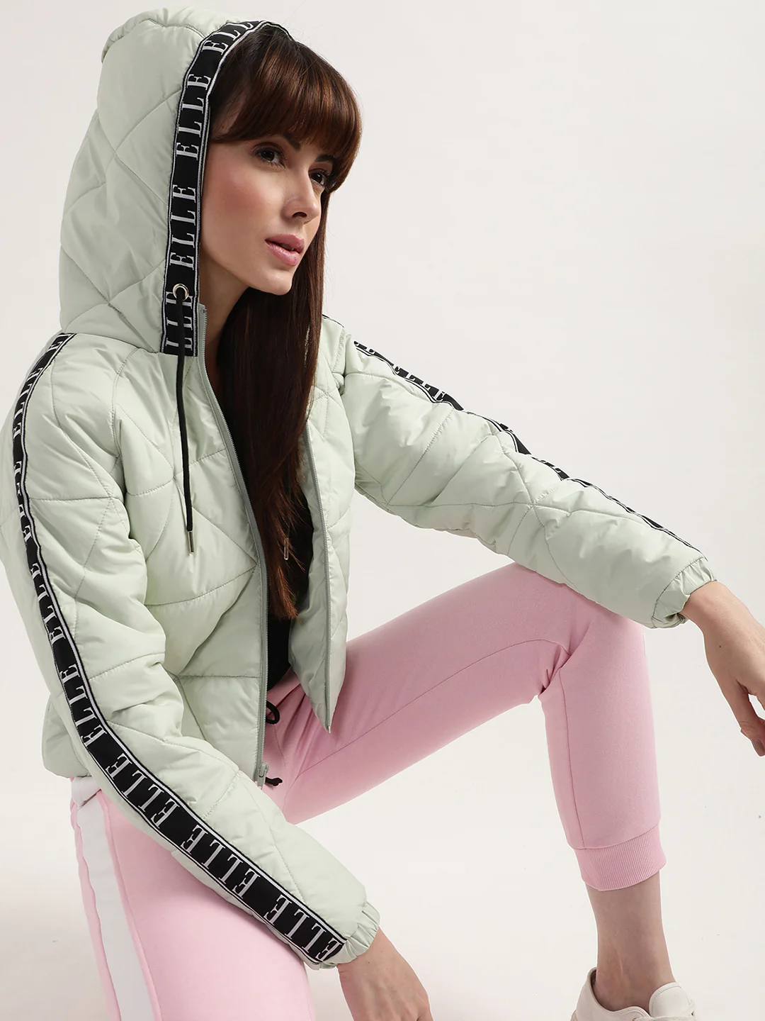 Elle Women Green Solid Hooded Full Sleeves Quilted Jacket - Image 5