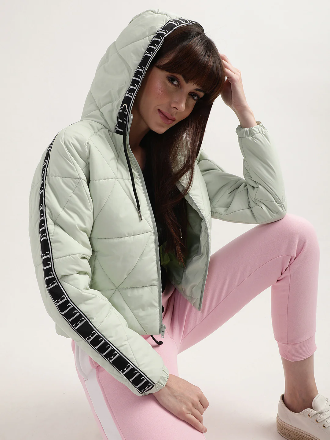 Elle Women Green Solid Hooded Full Sleeves Quilted Jacket - Image 6