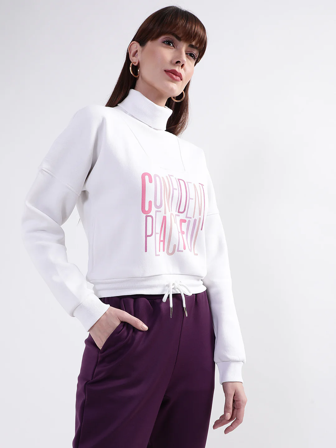 Elle Women White Solid Round Neck Sweatshirt