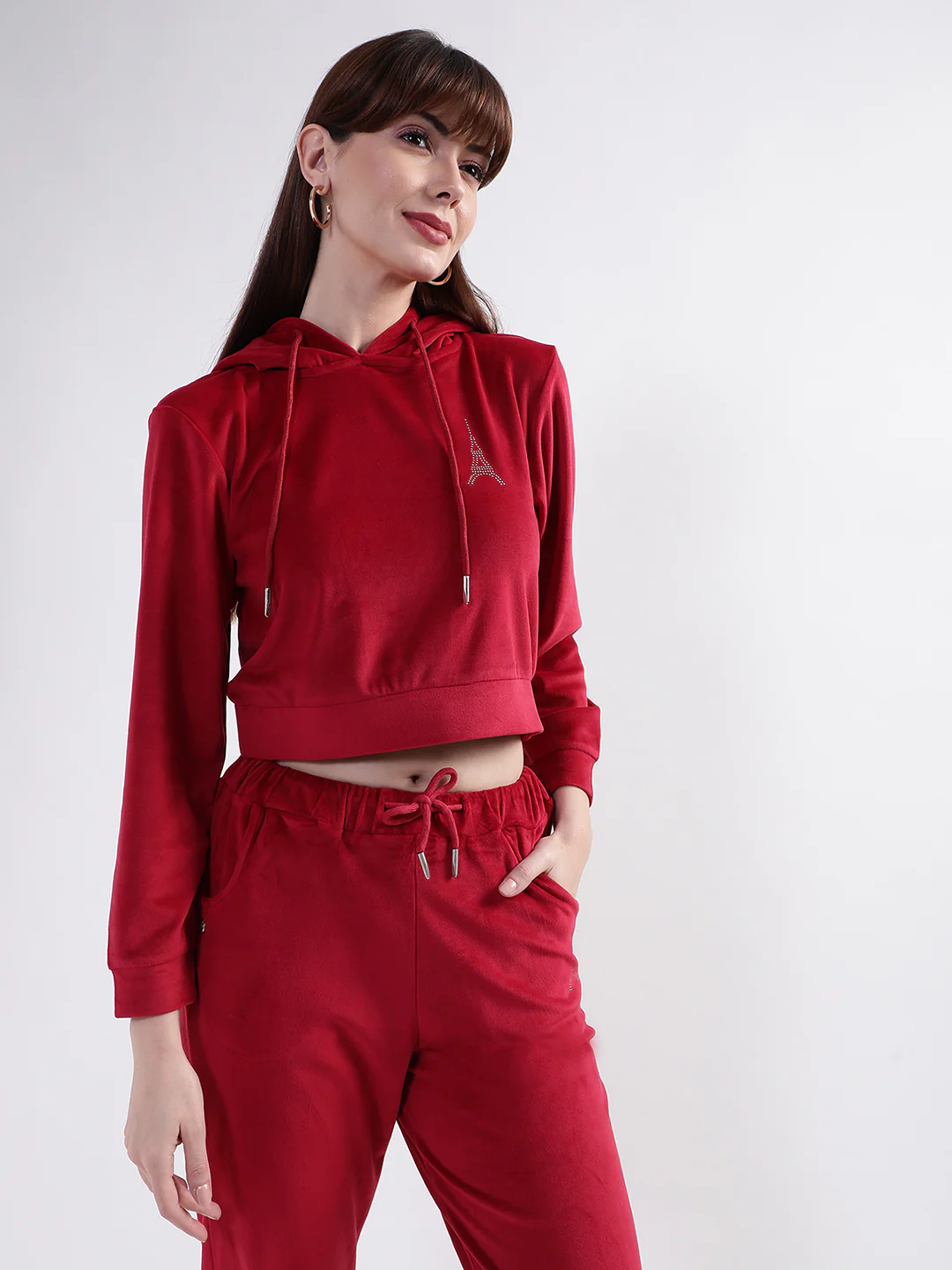 Elle Women Maroon Solid Hooded Sweatshirt - Image 2