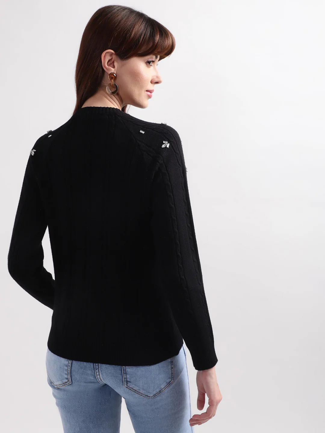 Elle Women Black Solid Round Neck Sweater - Image 2