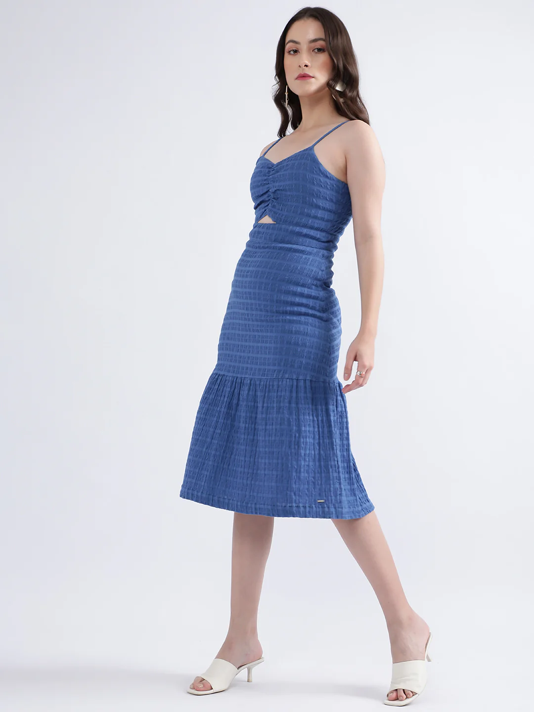 Elle Women Navy Blue Solid V Neck Dress - Image 3