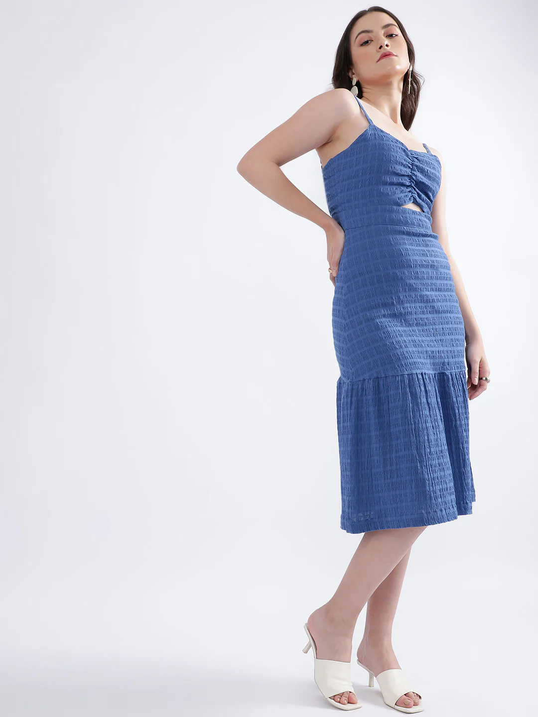 Elle Women Navy Blue Solid V Neck Dress - Image 5