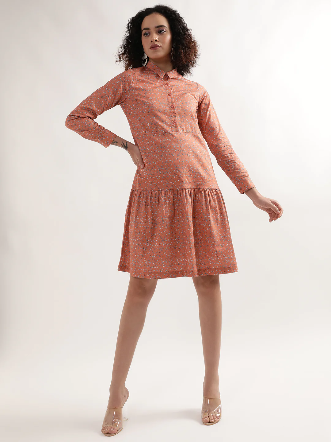 Elle Women Orange Printed Spread Collar Full Sleeves Shirt Dress - Image 4