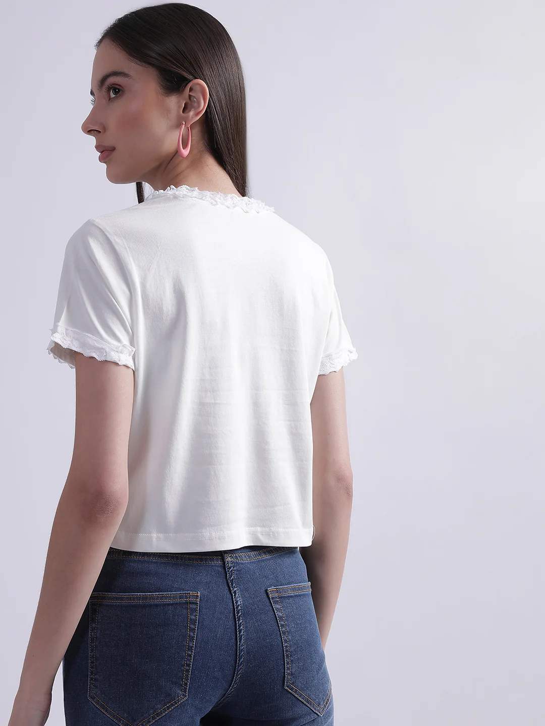 Elle Women White Printed Round Neck Short Sleeves Tshirt - Image 2