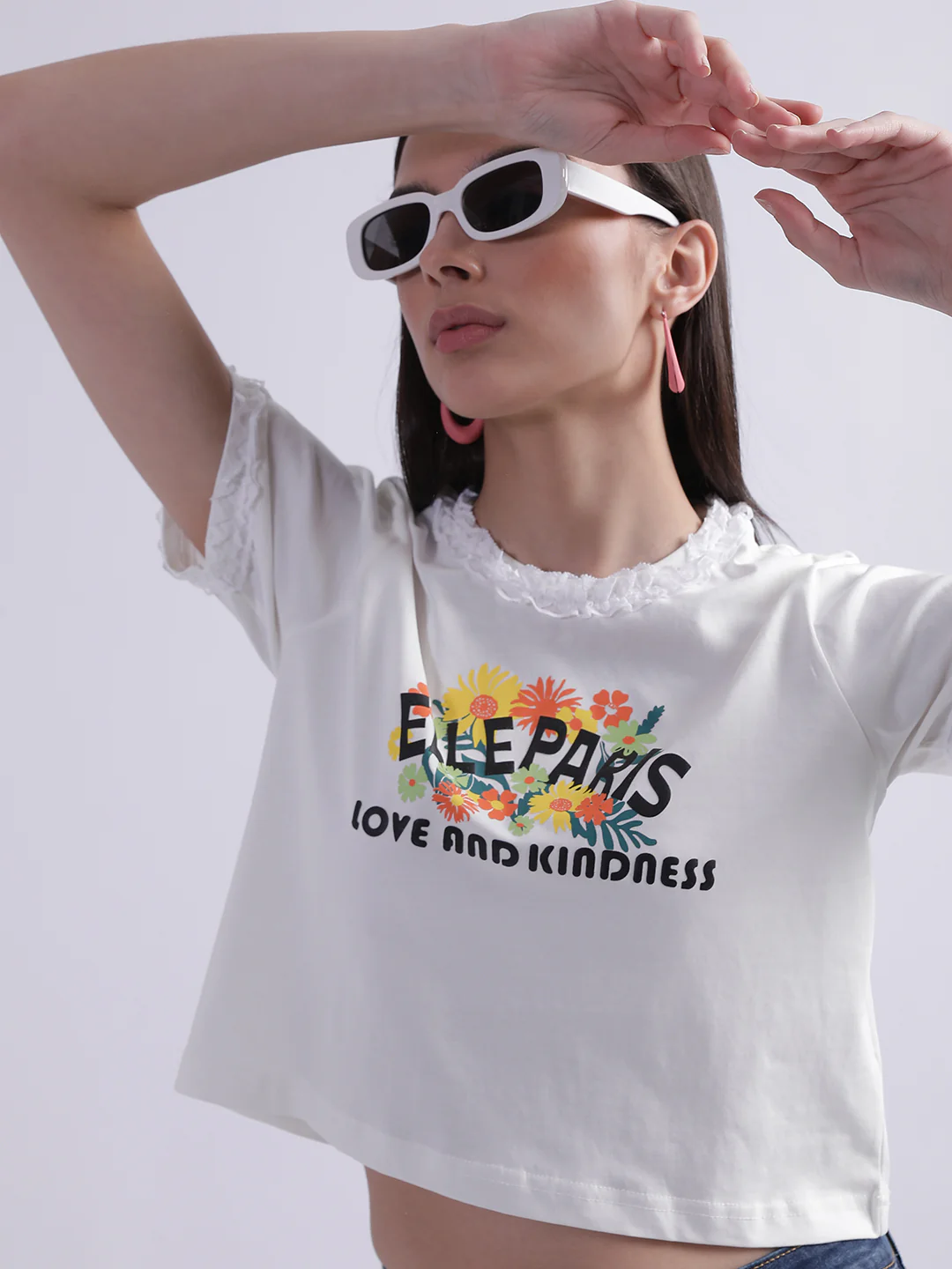 Elle Women White Printed Round Neck Short Sleeves Tshirt - Image 6