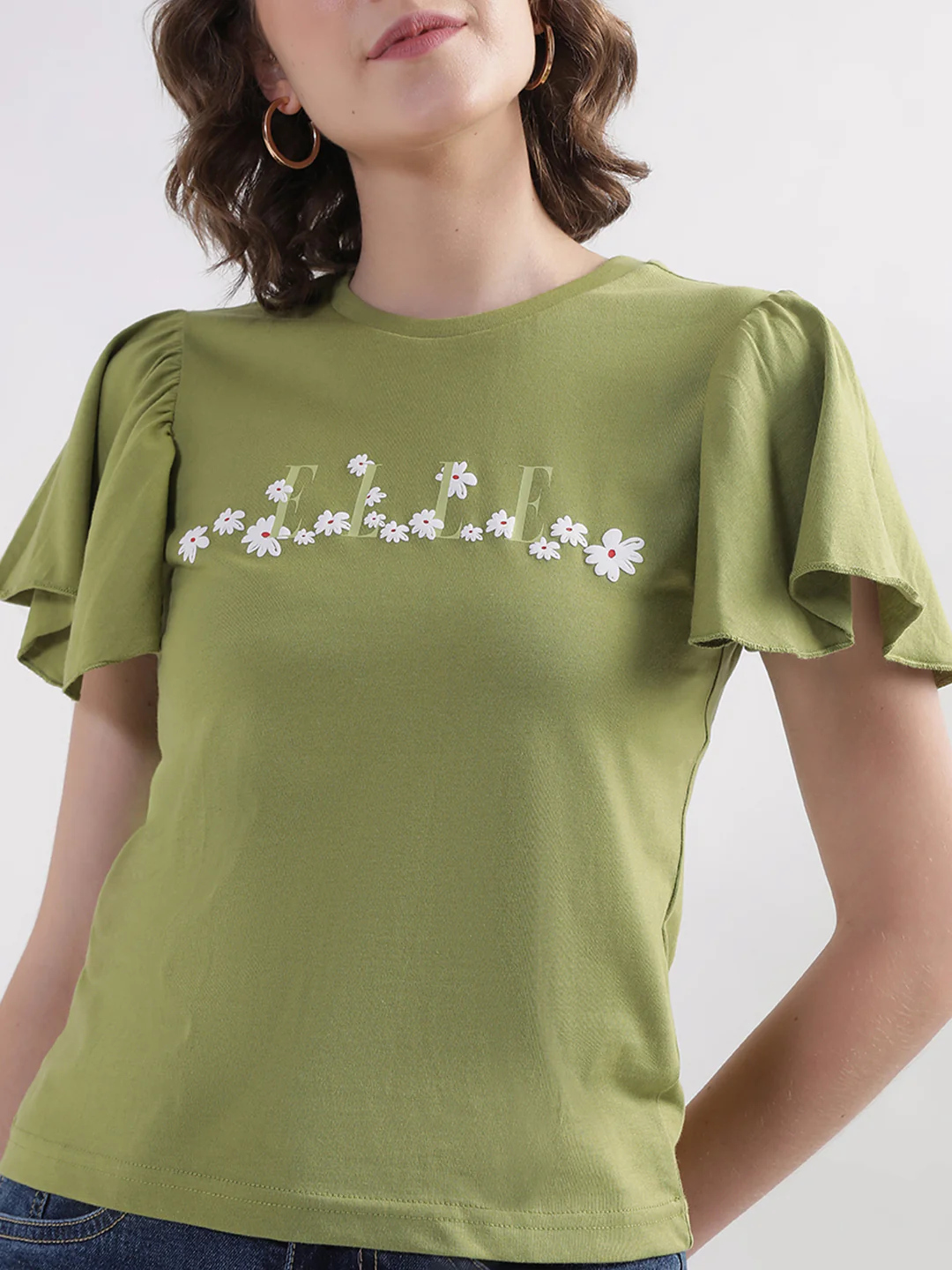 Elle Women Green Solid Round Neck TShirt - Image 3