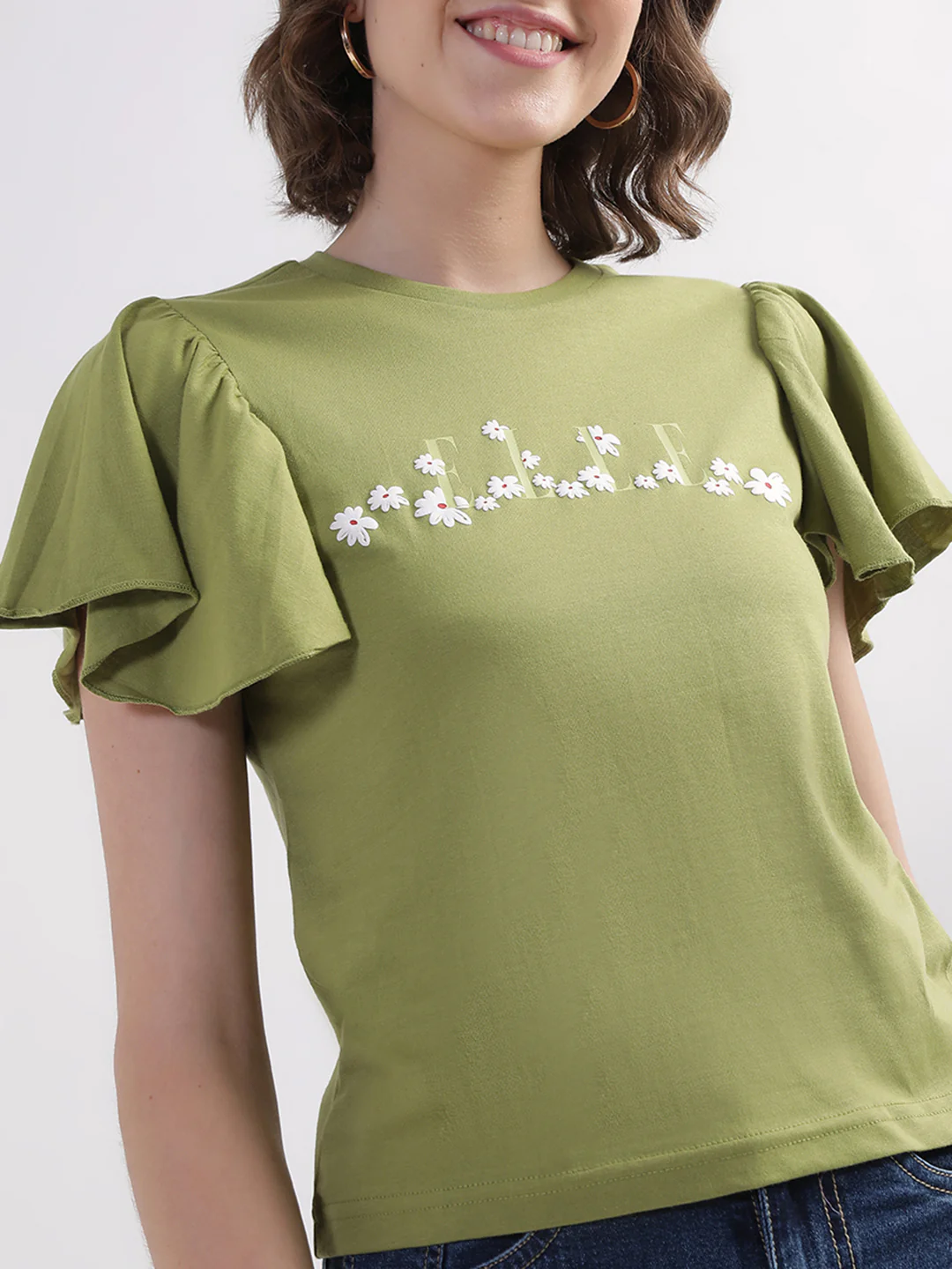 Elle Women Green Solid Round Neck TShirt - Image 4