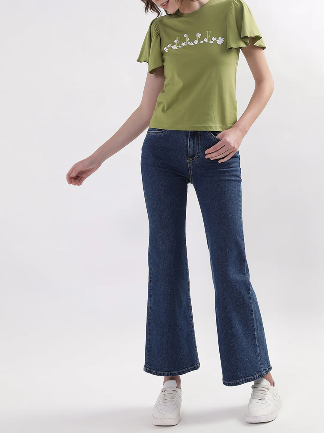 Elle Women Green Solid Round Neck TShirt - Image 5
