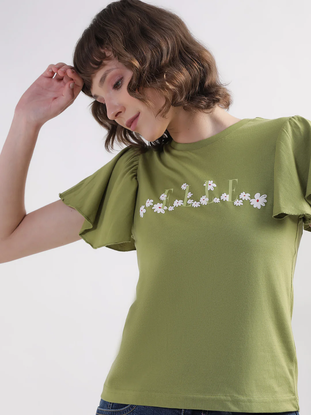 Elle Women Green Solid Round Neck Short Sleeves Tshirt - Image 2