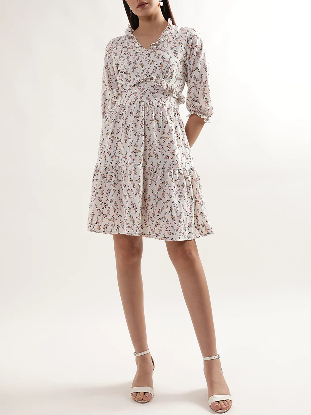 Elle Women White Printed V Neck Dress - Image 5