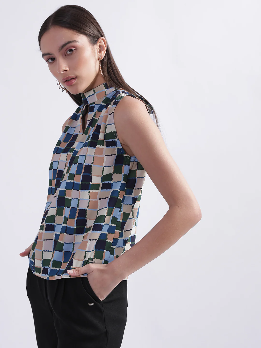 Elle Women Blue Printed High Neck Sleeveless Top - Image 2
