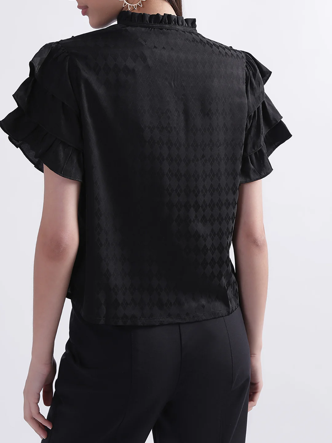 Elle Women Black Self-Design Band Collar Top - Image 2