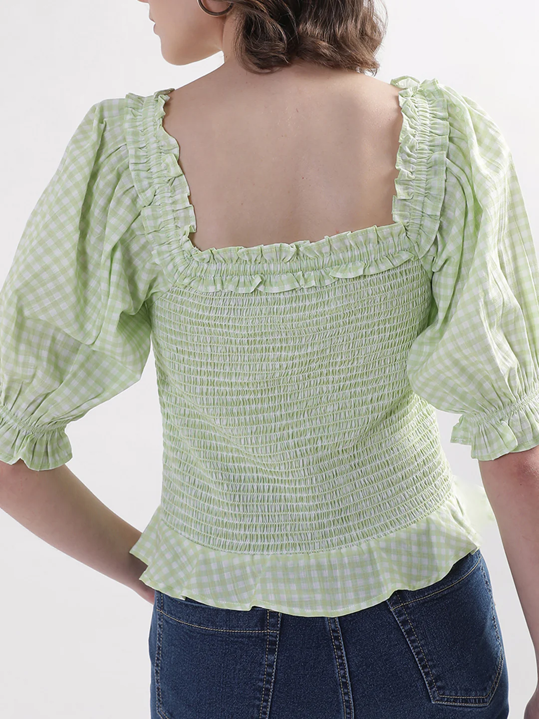 Elle Women Green Checked Square Neck Top - Image 2