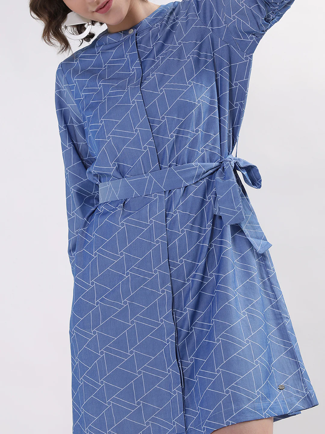 Elle Women Blue Printed Band Collar Dress - Image 3