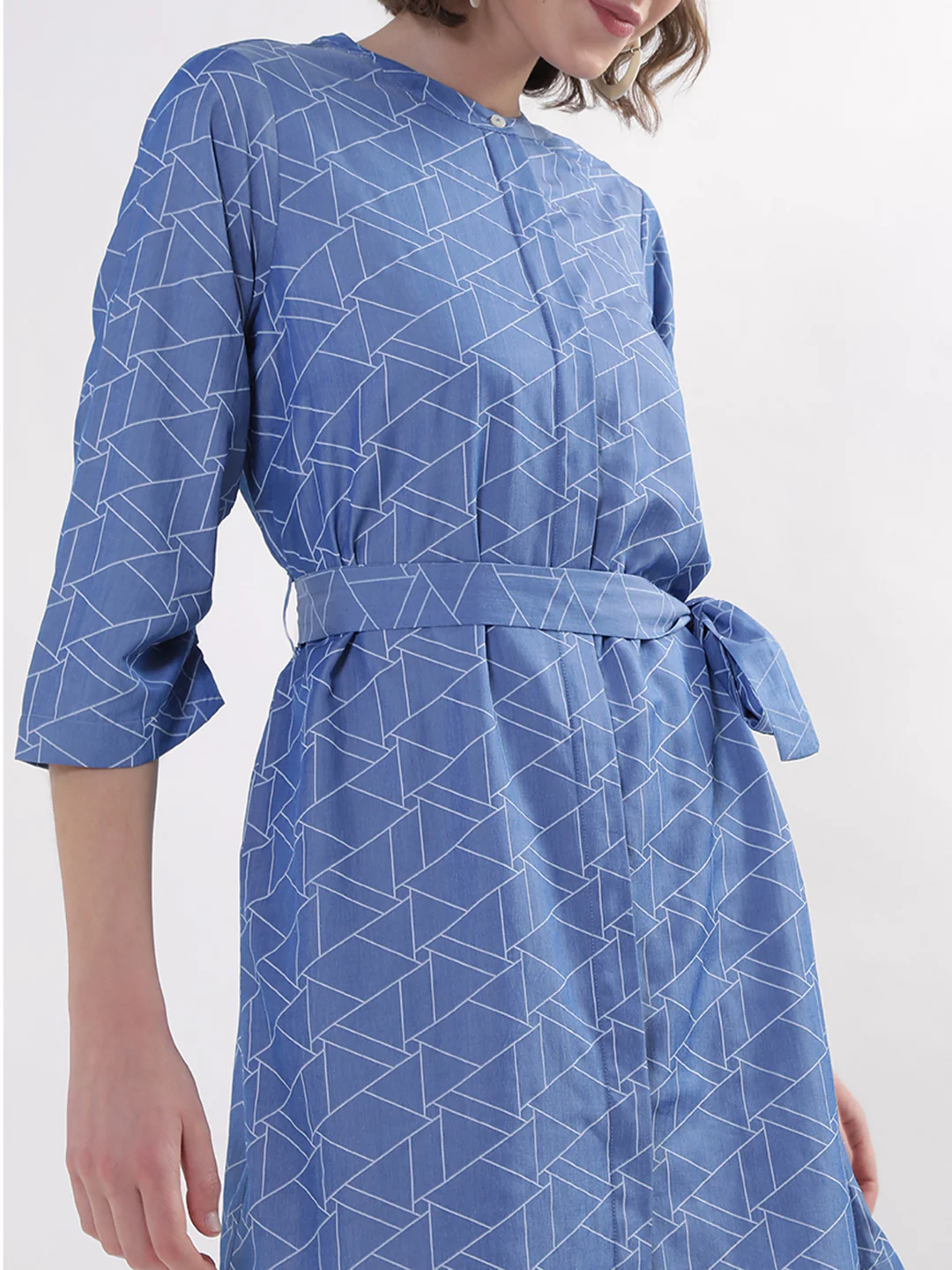 Elle Women Blue Printed Band Collar Dress - Image 4