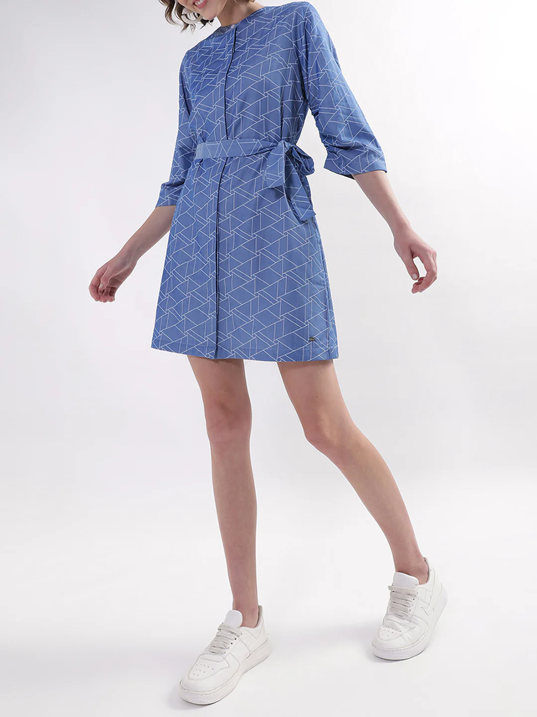 Elle Women Blue Printed Band Collar Dress - Image 5