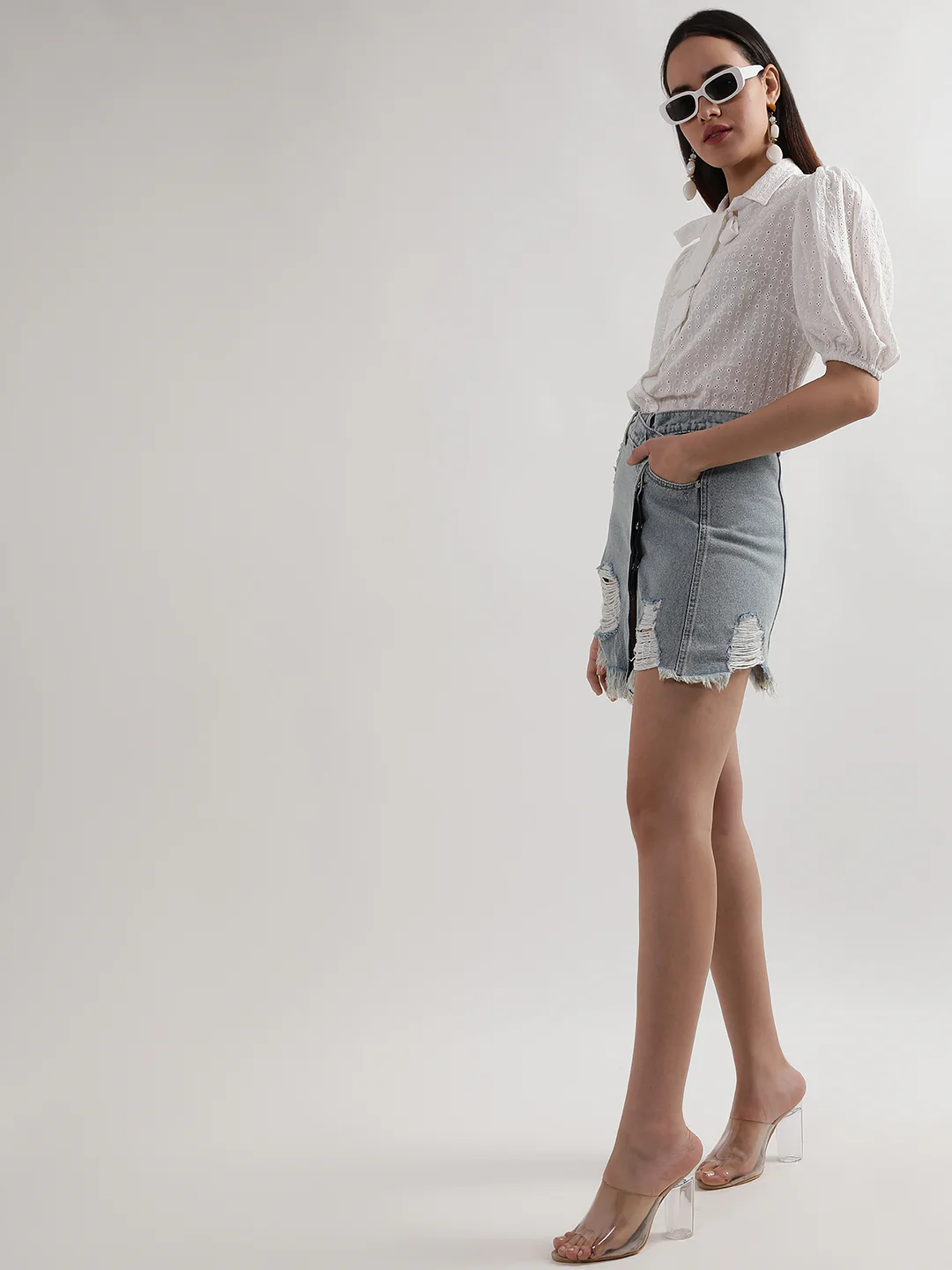 Elle Women Light Blue Solid Regular Fit Skirt - Image 3