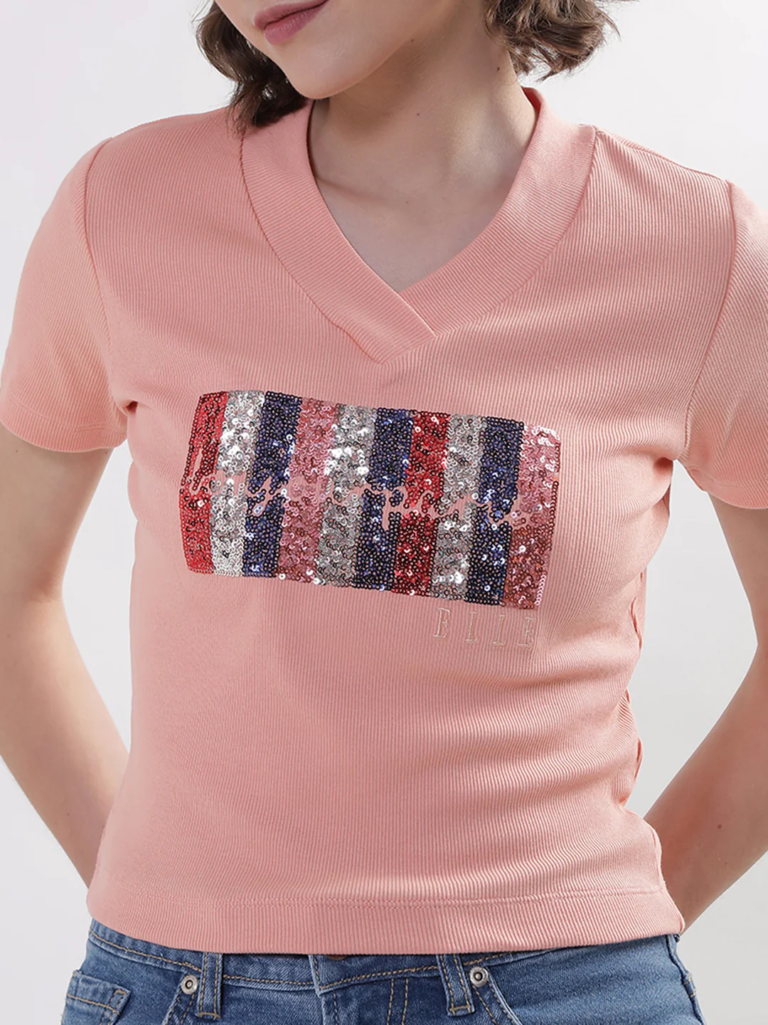 Elle Women Dusty Pink Solid V Neck TShirt - Image 3